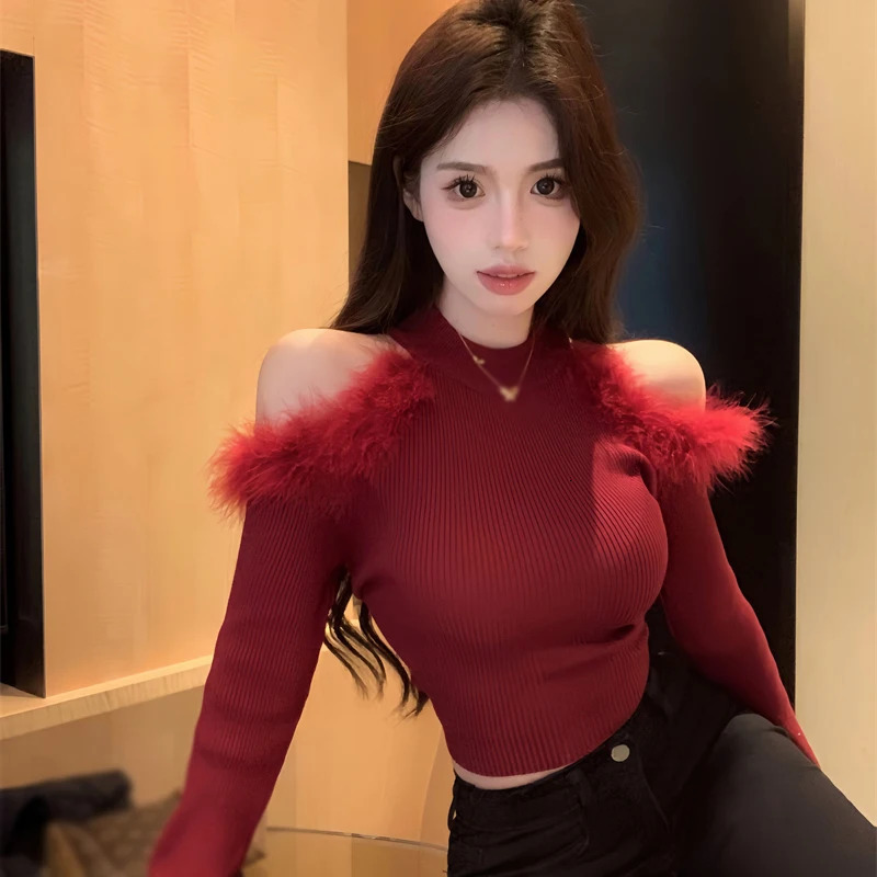 Autumn Winter Long Sleeve Half High Collar Splice Plush Sweaters Hollow Out Shoulder Pullover Knitted Solid Color Y2k Streetwear 251016