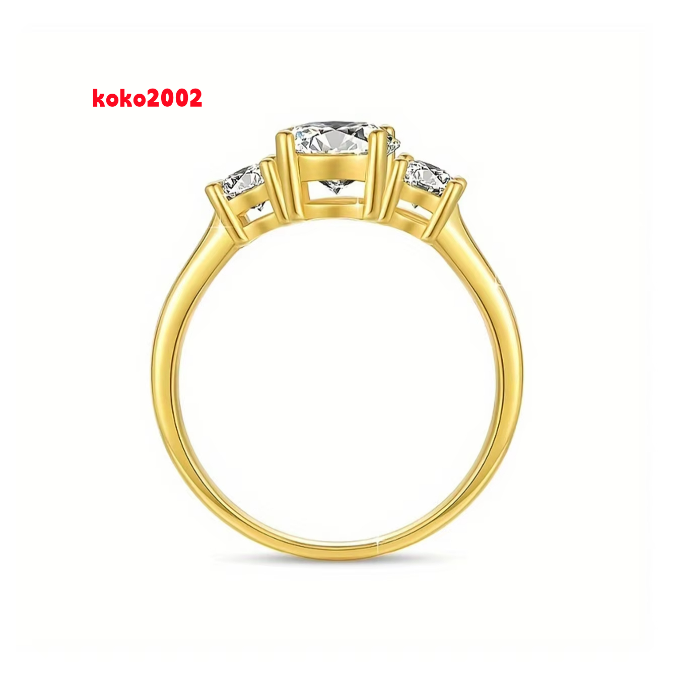 18K Gold Plated Clear Moissanite Ring Waterproof Round Three Cubic Wide Band Ring Trendy Style for Gifts