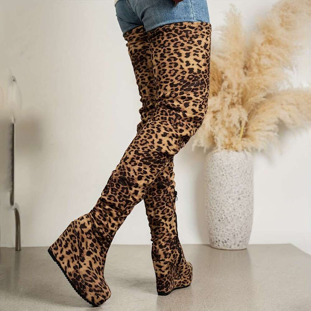 Women's Wild Leopard Over-The-Knee OTK With 10Cm Platform 50Cm High-Calf Design Warm Round Toe Zipper Closure, PU Sole Fabric Upper Stylish Winte