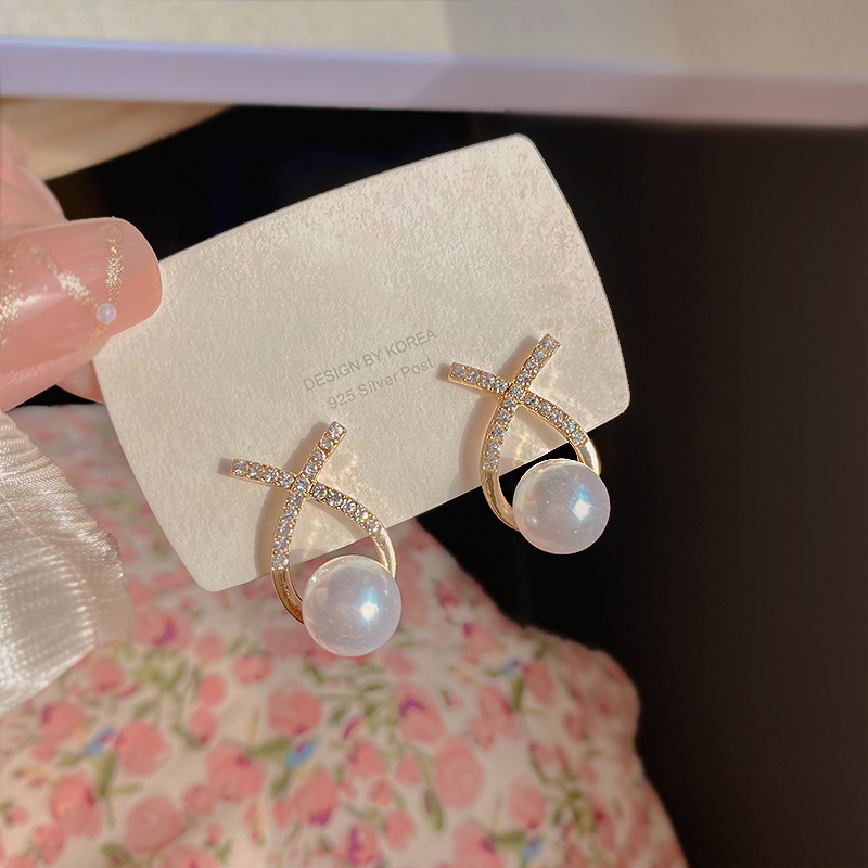 Designer earrings Simple and luxurious zircon inlaid earrings with tassels crossed pearl earrings free shipping diamond earrings luxury earrings