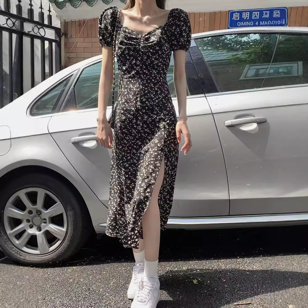 2025 French floral dress women's luxury spring and summer new black slit long skirt elegant designer design niche long skirt