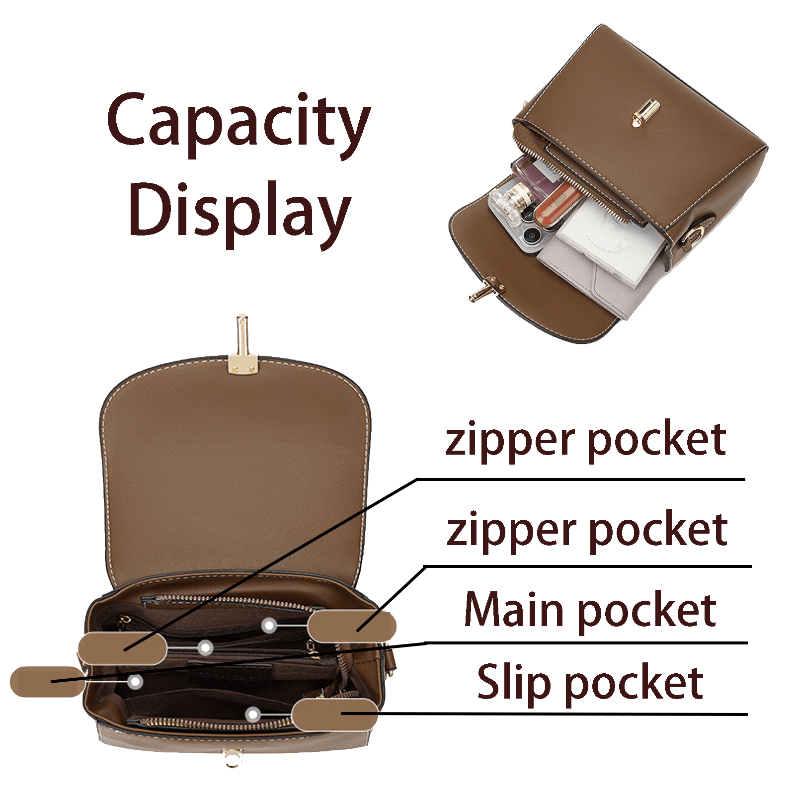 Lady's Messenger Bags, Classic Vintage Crossbody Bag, Flap-over Women's Bag, Casual Work Bag, Brown