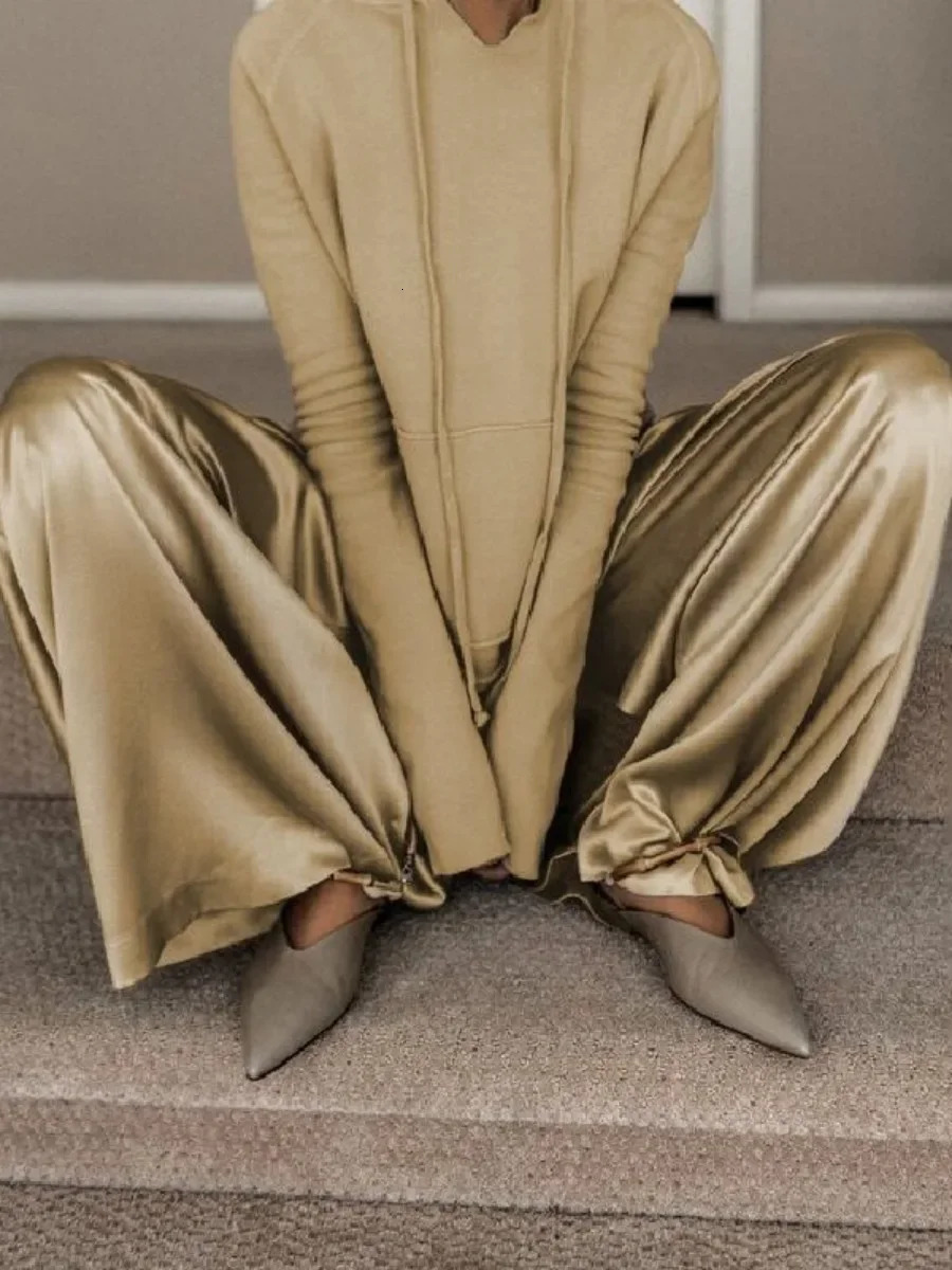 Onecozyday High Waist Wide Leg Pants and Long Sleeves Hooded Sweatshirt 2025 Loose Fit Casual Twopiece Sets for Women 251010