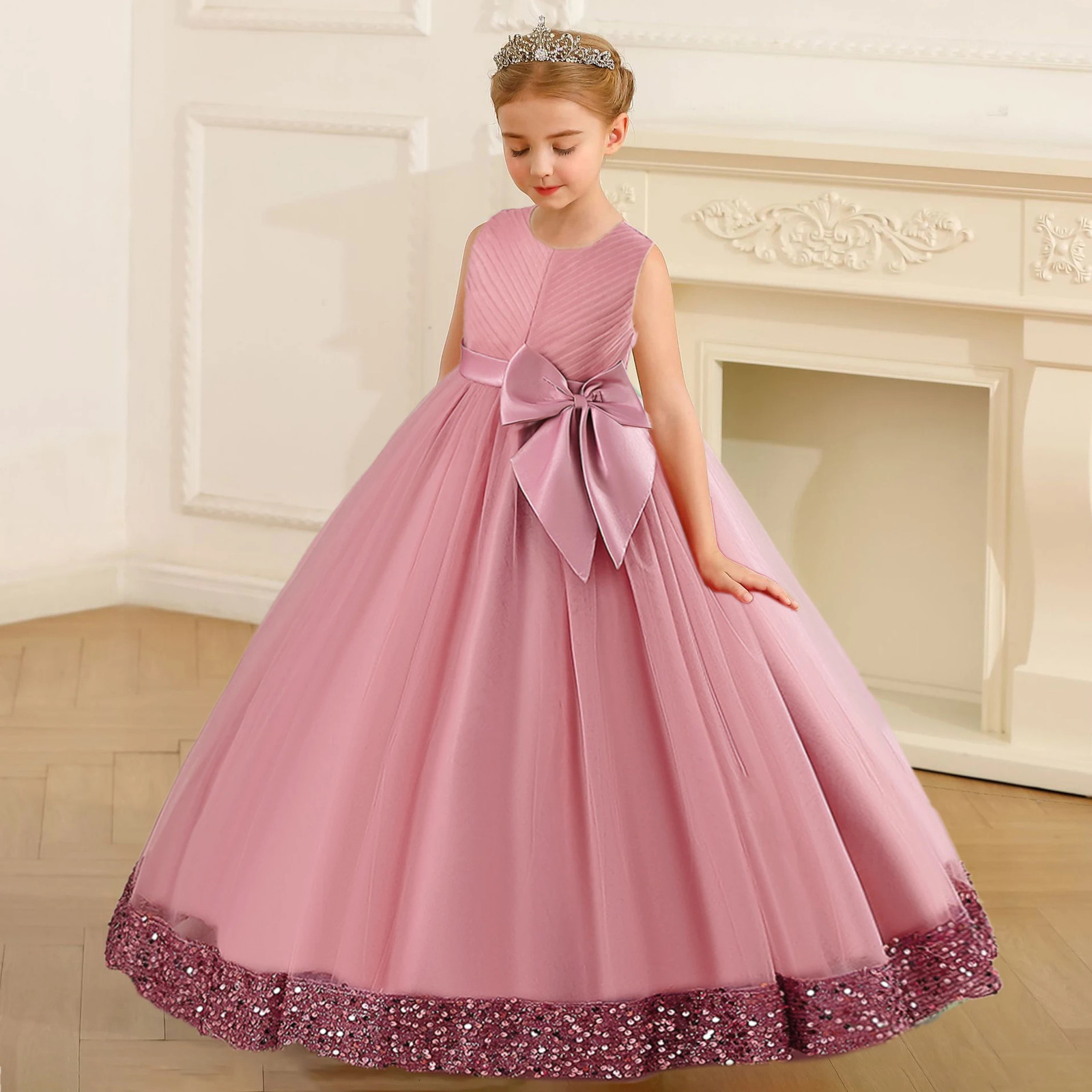 Fluffy Sequin Bridemaid Princess Girls Dress Elegant Bow Pink Wedding Prom Evening Kids Party Dresses for Girl Birthday Costumes 251021
