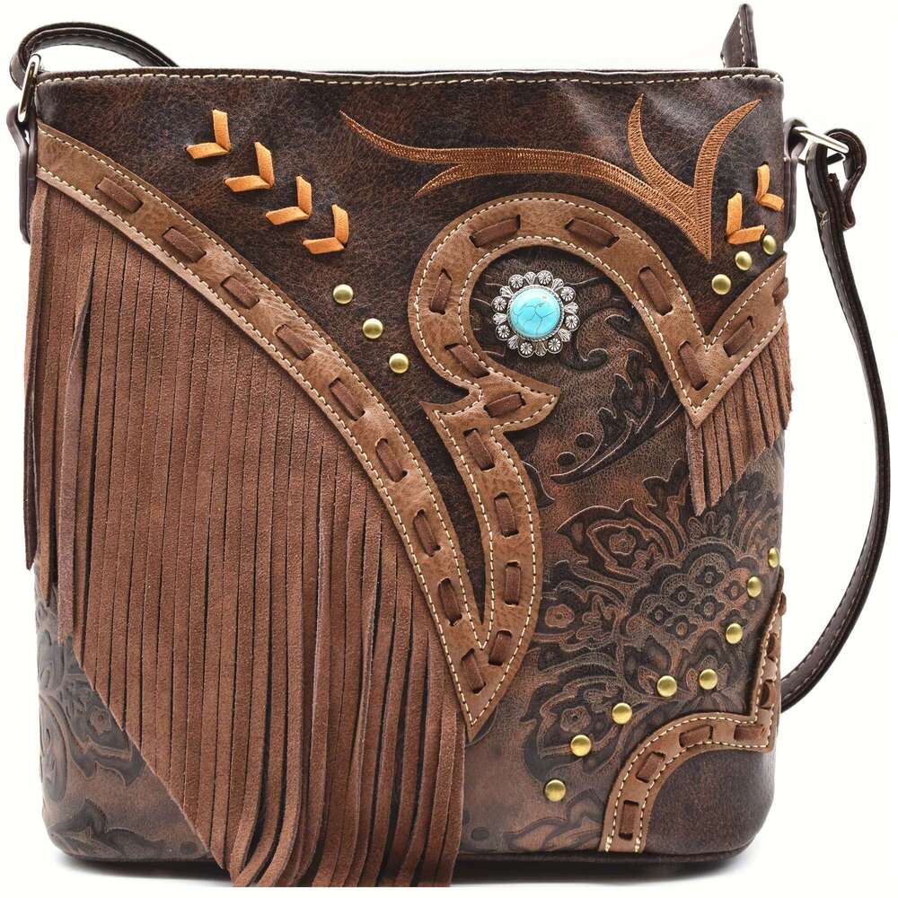 Women's Cowboy Crossbody With Fringe Tassel Decorations Adjustable Strap, Zipper Closure, Hardware, Turquoise Bead Accent Synthetic Faux Leather 