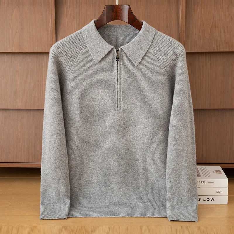 FallWinter 100 Pure Wool Mens Lapel Pullover Sweater Business Knitting Casual Bottoming Cashmere Sweater TopXJ251022