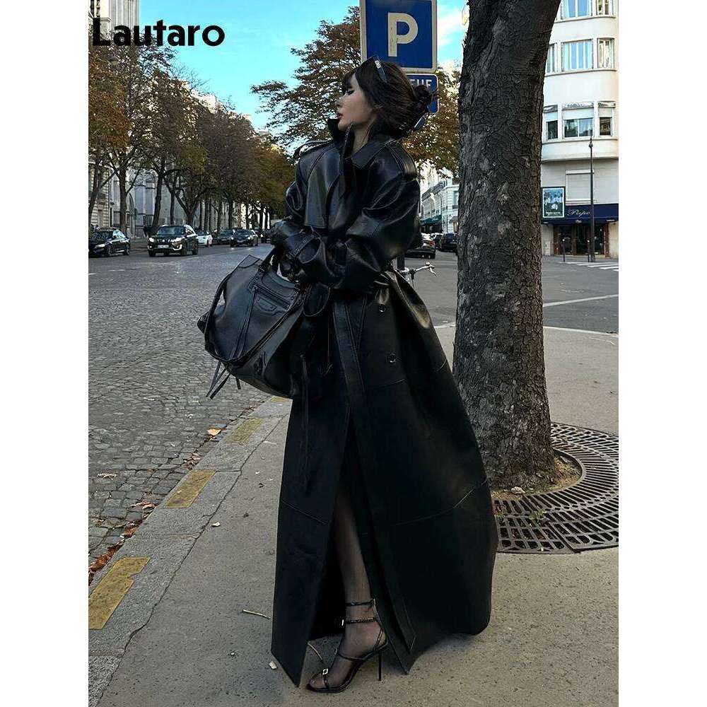 Lautaro Spring Autumn Extra Long Black Pu Leather Trench Coat for Women with Back High Slit Chic European Fashion 2024