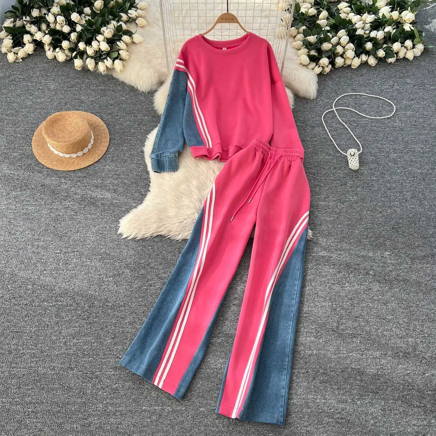 Pant Set Women Two Piece Sets Round Neck Matching Sets Sweatshirts Denim Splice Y2k Tops Casual Loose Long Pants High WaistT251022