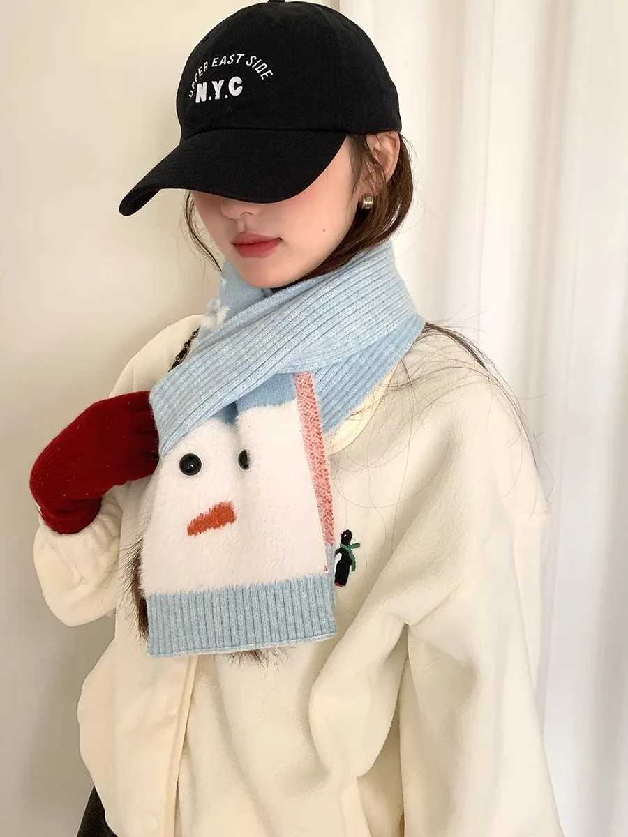 Womens Winter Warm Neck Scarf With Wool Christmas Atmosphere Fluffy Snowman And Snowflake Design Versatile Small Neck Warmer J251022