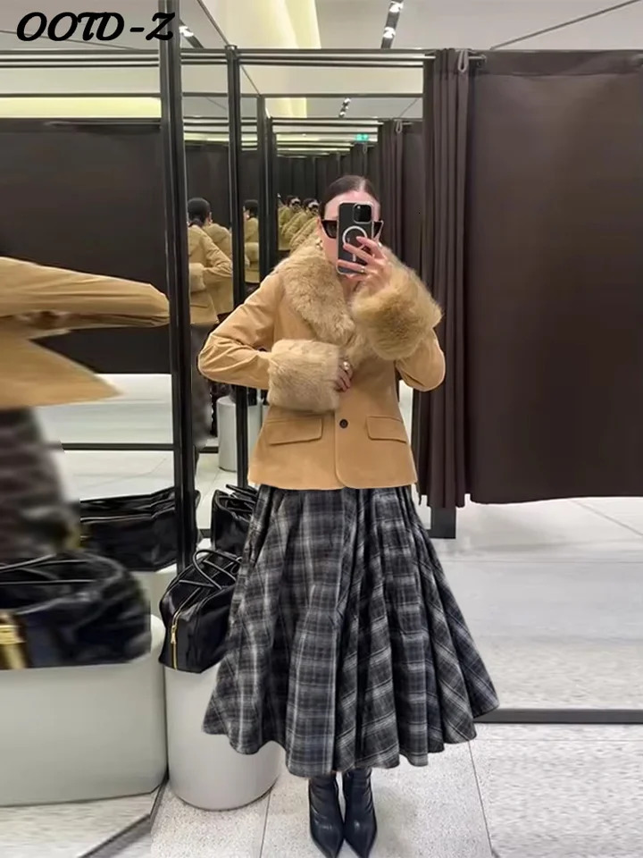 Stylish Faux Fur Patchwork Jacket Women Solid Lapel Long Sleeve Button Pocket Female Coat 2025 Autumn Winter Casual Lady Outwear 251022