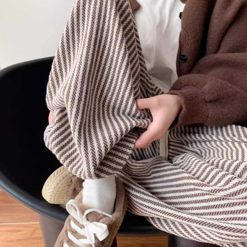 Spring Autumn Pants Women Retro Striped Knited Casual Daily Simple High Waist Wide Leg Trousers Stylish Temper Female AllmatchT251022