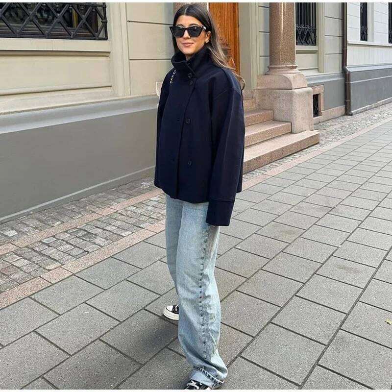 Women Fashion Stand Collar Woolen Jacket Single Breasted Long Sleeve Female Coat Autumn Chic Street Office Short Outerwears