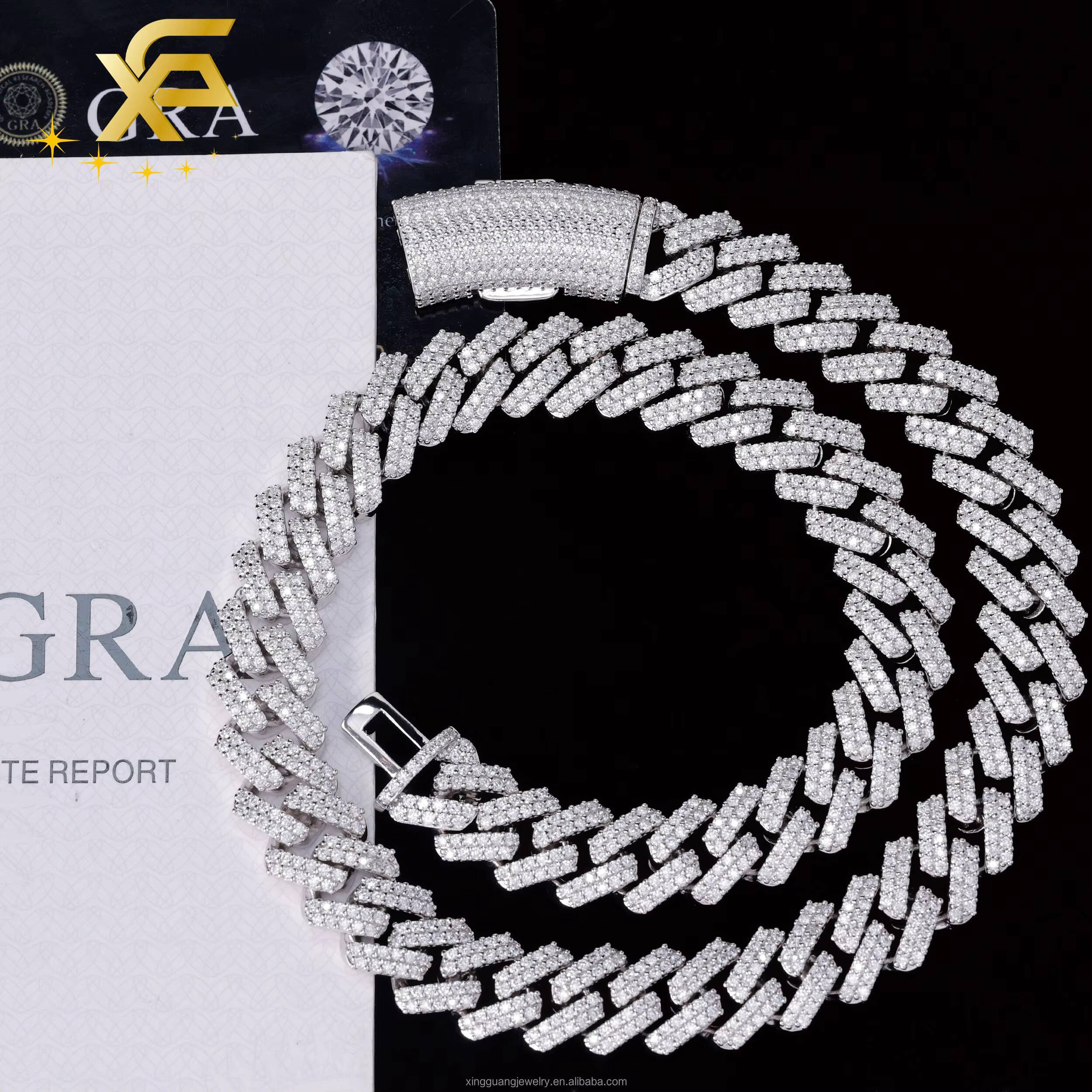 High Quality 13mm 2rows Iced Out Moissanite Cuban Lidynamic Chain Prong Setting 10k Solid Gold Plated Moissanite Cuban Necklace