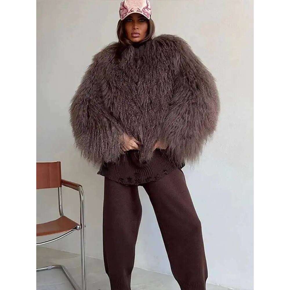 DEAT Fashion Brown Faux Fur Coat Women's Round Neck Loose Long Sleeves Thick Plush Short Jacket Winter New 7A1041