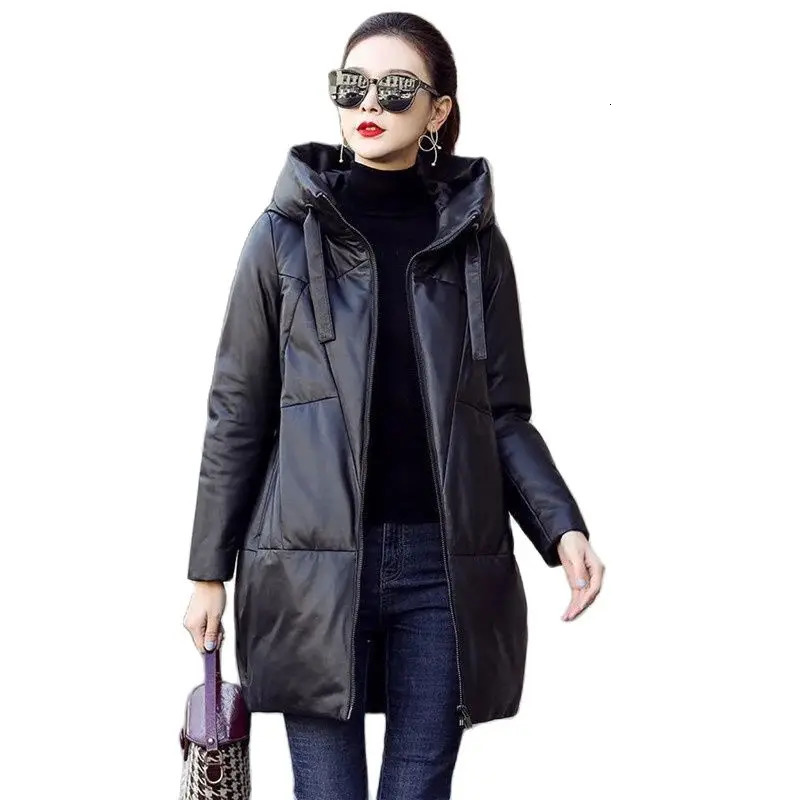 Thicken Snow Parkas Winter Womens Warm Hooded PU Leather Jacket Black Loose Long Coat Windproof Female Cotton Overcoat 251021