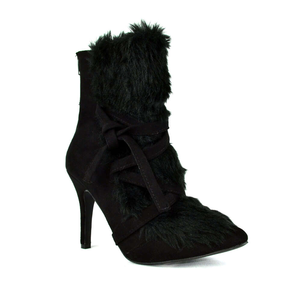 Women's Pointed Toe Faux Suede Fur Ankle Boot With Stiletto Heel And Wrap Tie Detail