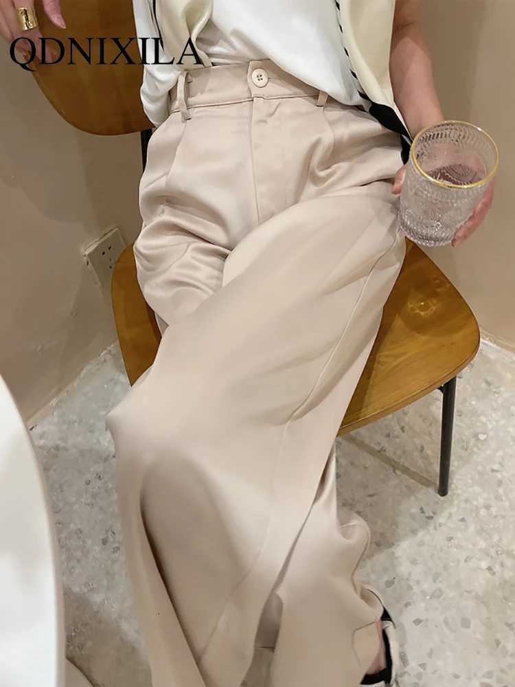 Summer Autumn Womens Pants Loose Classic Black Straight High Waist Casual Korean Silk Satin Wide Leg Trousers for Women PantsT251022