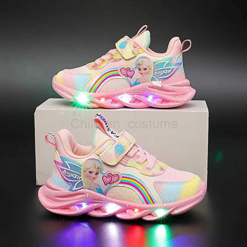 Disney Casual Sneakers LED Lighted For Spring Girls Frozen Elsa Princess Rainbow Outdoor Children Nonslip Pink Purple Shoes H251022
