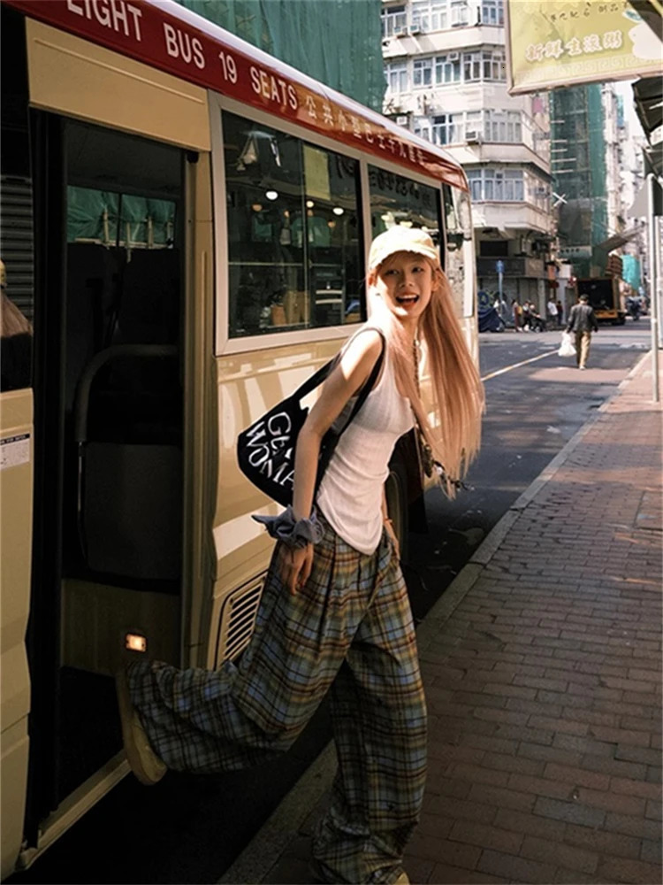 American Style Dopaamine Checkered Wide Leg Pants Women Summer Vintage Loose Casual Drapey Long Trousers Fashionable Loose Fit 251016