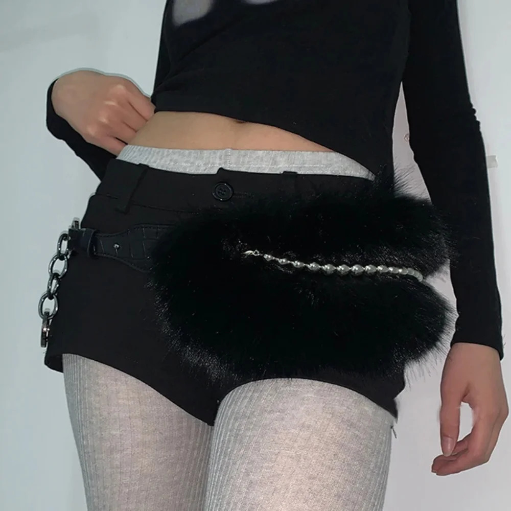 Y2K Vintage Faux Fur Belts Metal Bead Chain Plush Waist Chain Furry Fur Sexy Cowgirl Waistband Punk Belt Jeans for Night Club 251013