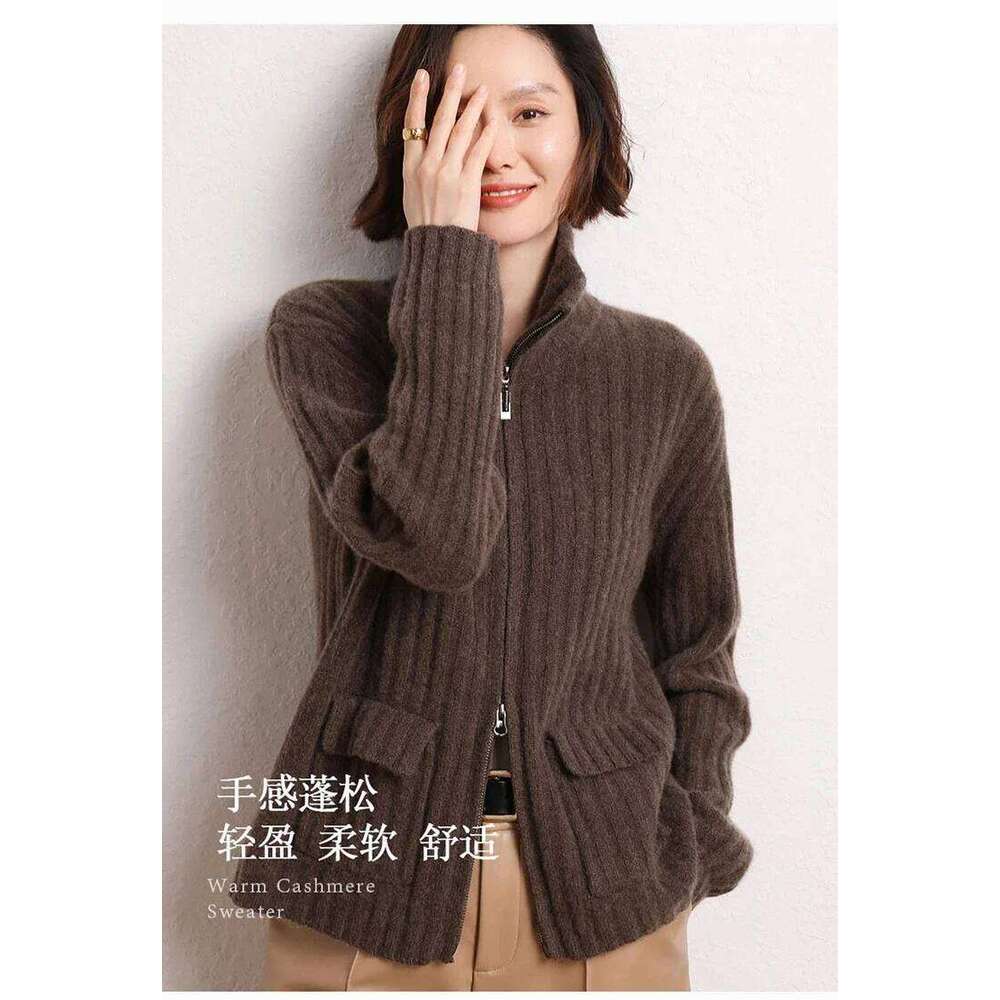 Women's Heavy Three-Strand Pit Pure Cashmere Cardigan Stand-Up Collar Zipper Knitted Sweater Ingenious Craftsmanship Loose Coat 251022
