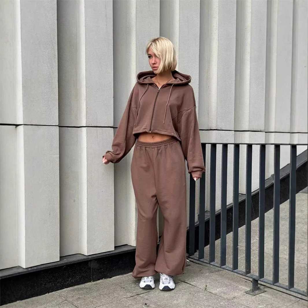 Pant Set Women Hoodies Two Piece Sets Hooded Matching Sets Zipper Tops Wide Leg Long Pants Tracksuit Work Y2k Jogger SweatshirtT251022