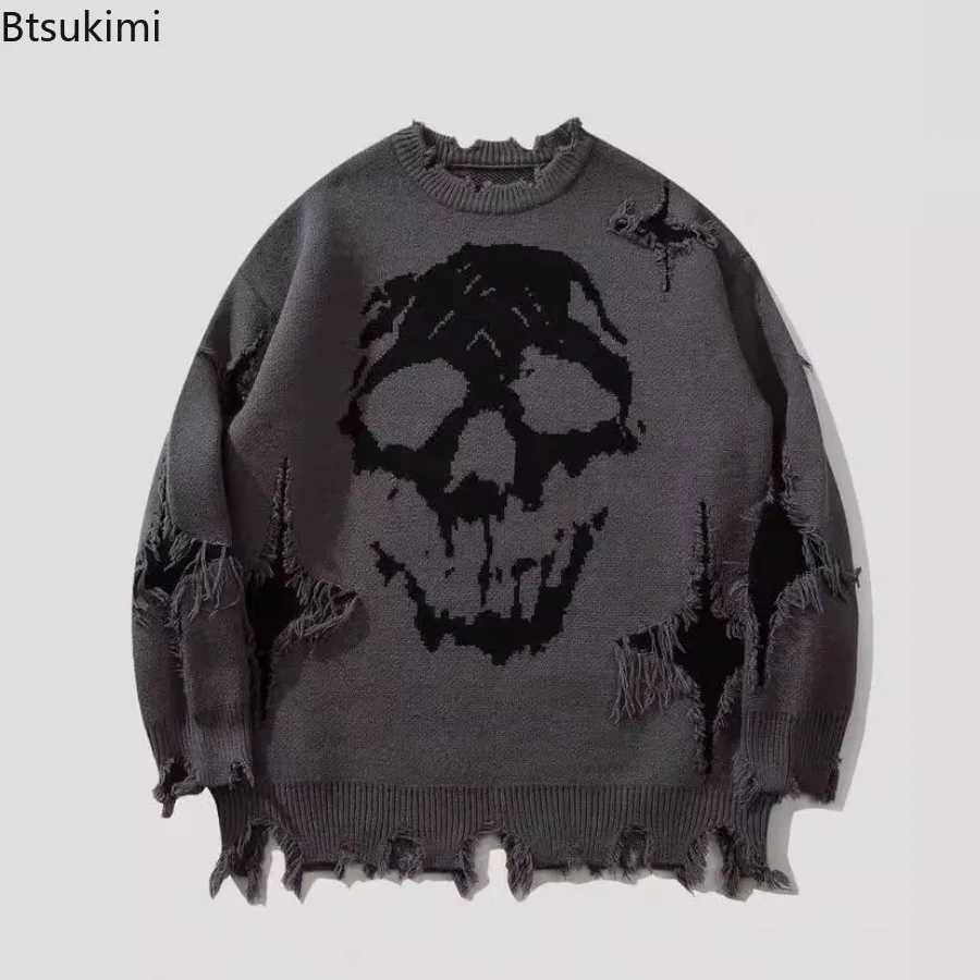 Autumn Winter Men Womens Hip Hop Knitted Sweater Skull Pattern Printed Jacquard Hole Loose Pullover Tops Casual Sweaters MenXJ251022