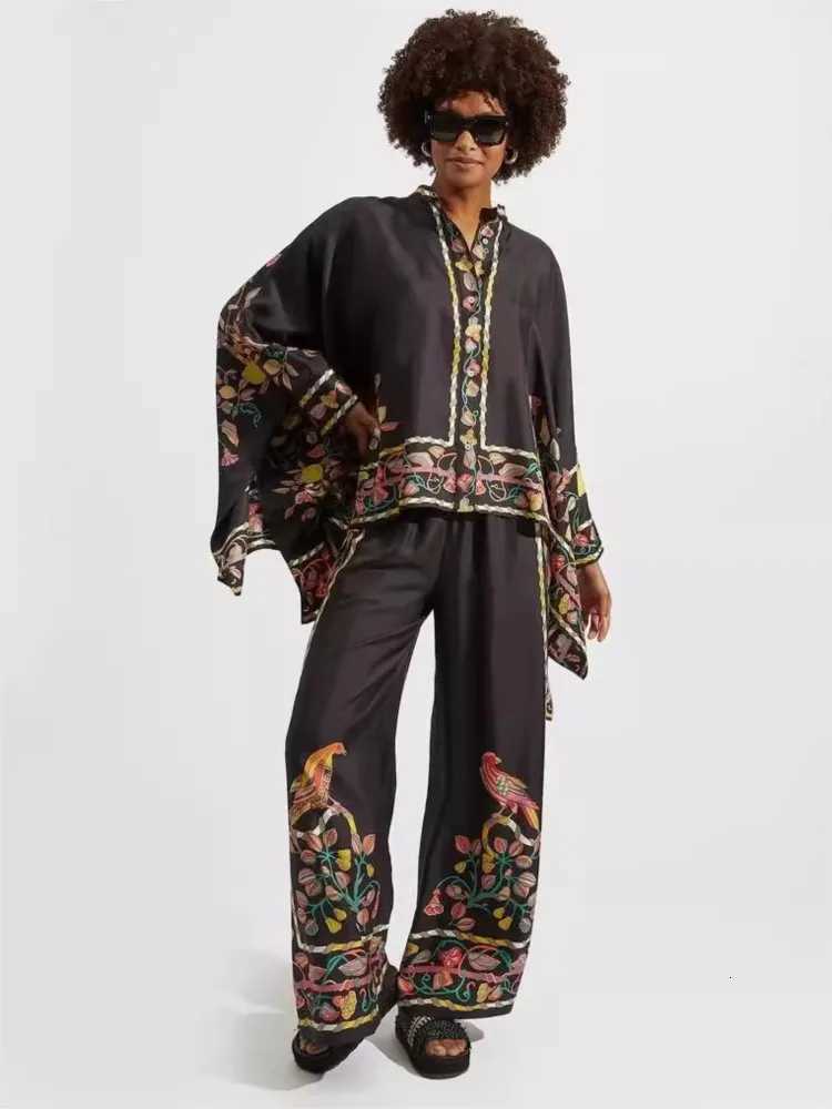 Vintage Print Pants Sets Women Irregular Loose Long Sleeve Shirt Wide Leg Trousers Two Piece Set Female Fashion Trend StreetwearT251022