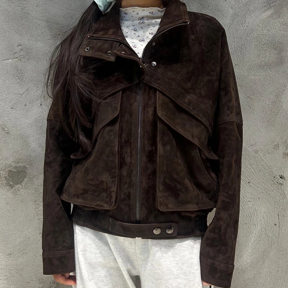 Chocolate Suede Leather Jacket Women Real Sheepskin Coat Spring style 251021