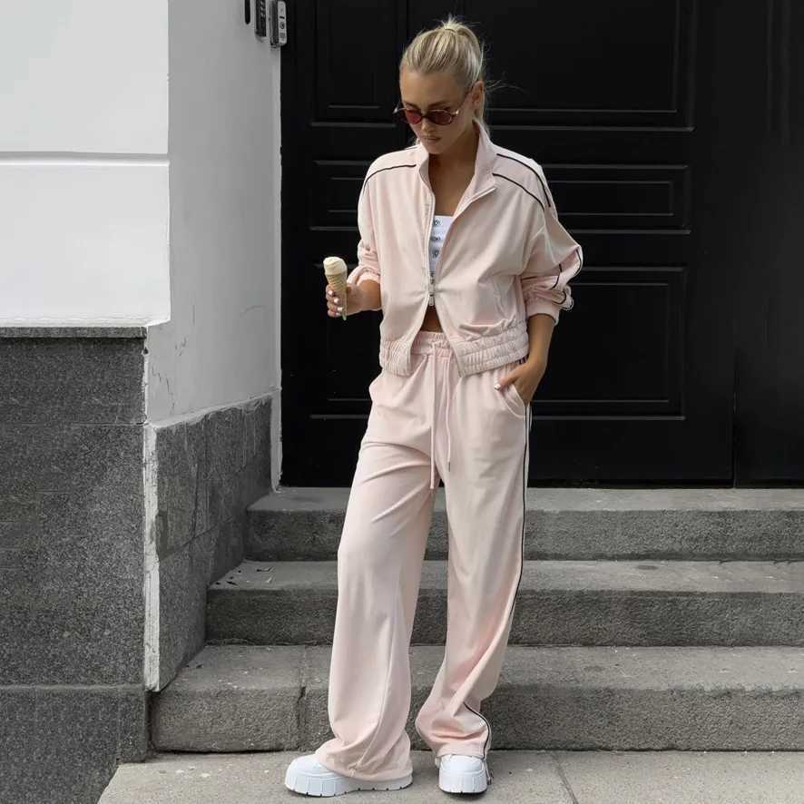 Pants Suit Women 2 Piece Sets Sweatshirt Coat Striped Trousers Sporty Outfits Lace Up Tracksuit Jackets Ensemble Autumn 2025T251022