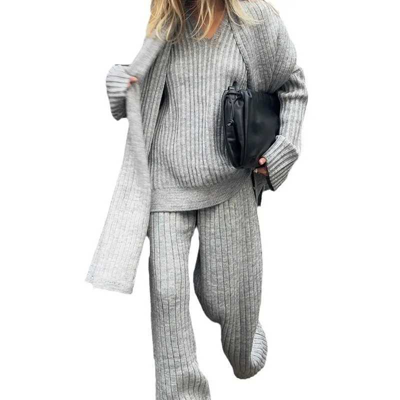 Women Tracksuit Knitted Sweaters Matching Sets Full Length Wide Leg Trousers V Neck Jumpers Three Pieces Scarf Casual SolidT251022