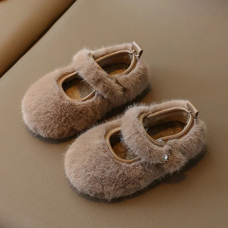 Manmade Mink Fur Ballet Flats for Baby Girls Winter Warm Loafers Kids Thick Plush Mary Jane Shoe With Rhinestone Buckles 251021