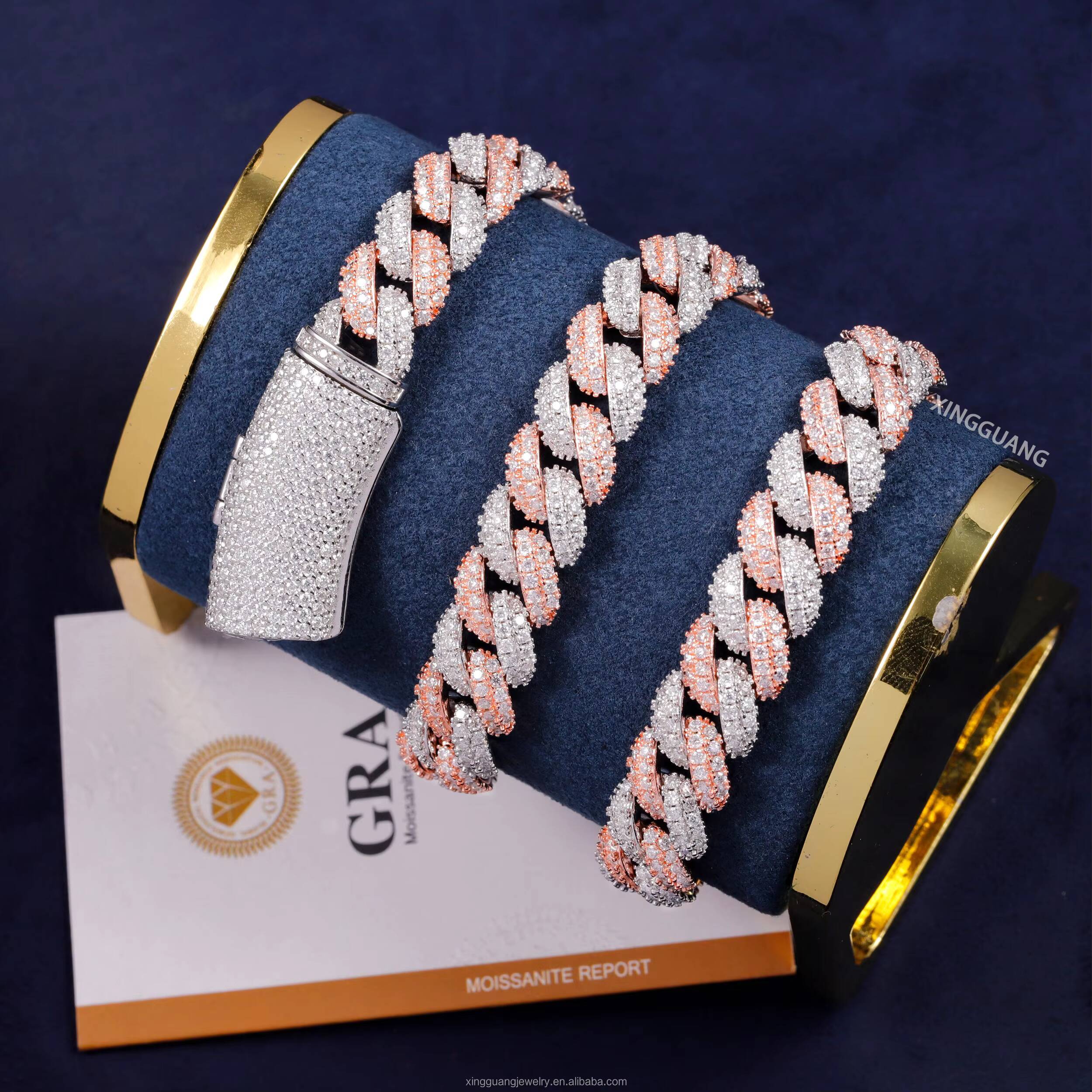 Fashion 2Tone Color Iced Out Diamond Cuban Chain for Men 13mm S925 Silver Chain Hip Hop Necklace VVS Moissanite Cuban Lidynamic Chain