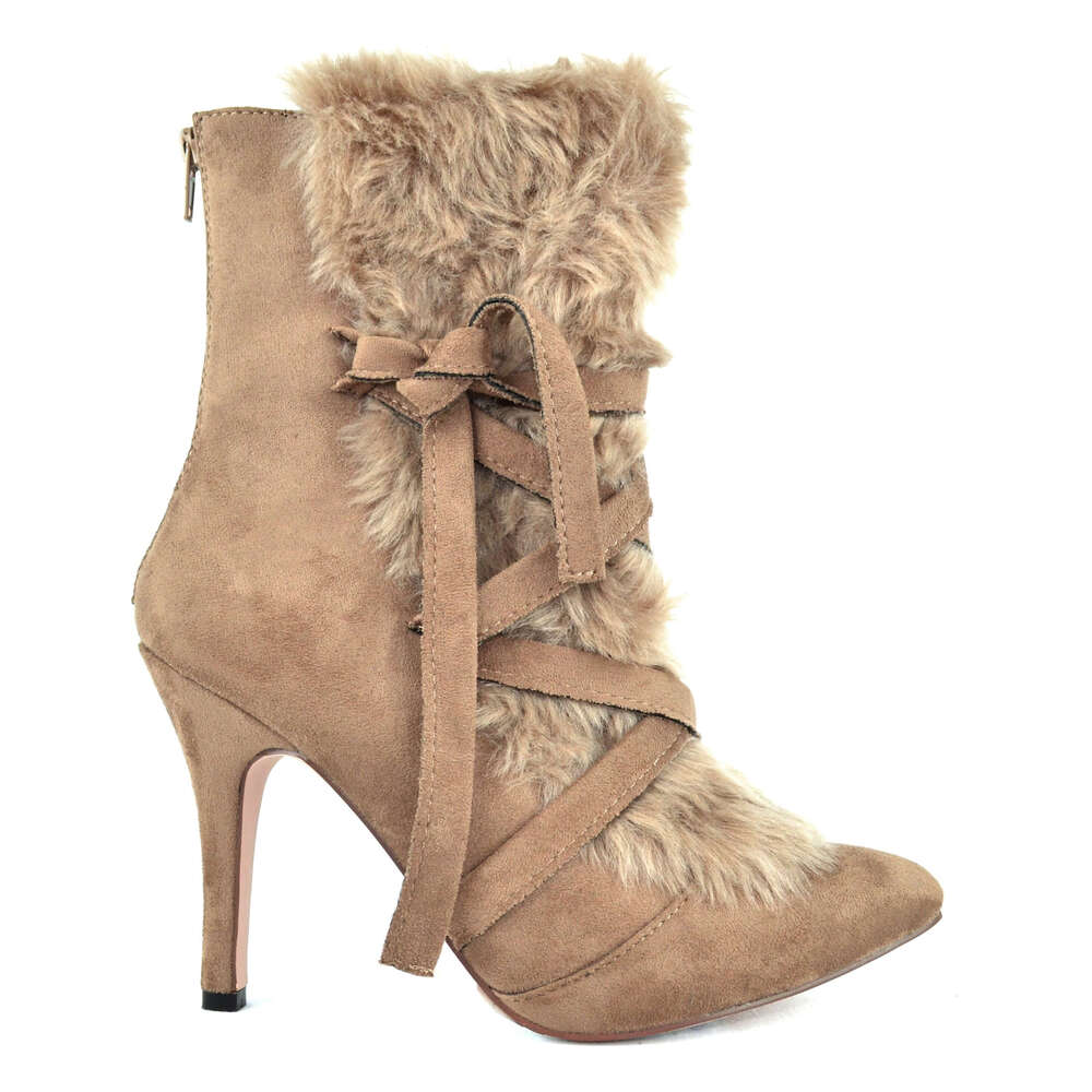 Women's Pointed Toe Faux Suede Fur Ankle Boot With Stiletto Heel And Wrap Tie Detail