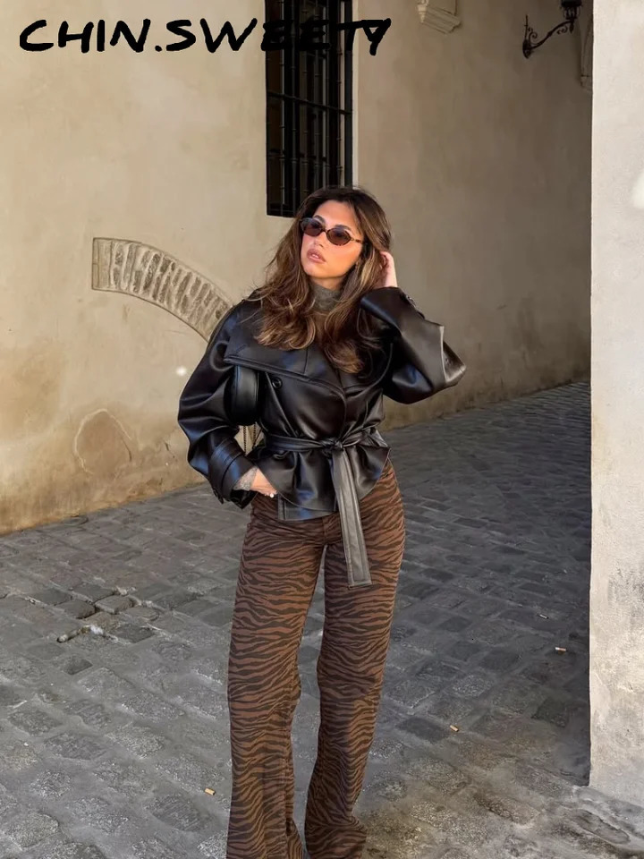 Elegant Vneck Lace Up Leather Jacket Women Double Breasted Long Sleeves Jackets Female Autumn Winter Highstreet Lady Coats 251020