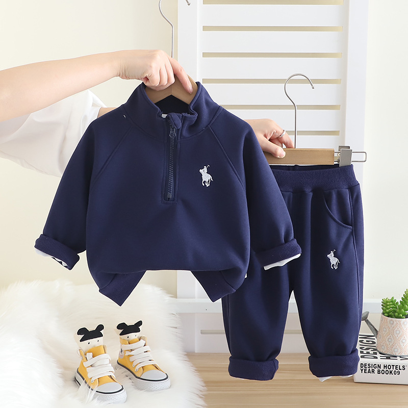 2025 New Boys 2-Piece Set, Stand Collar Embroidery Pullover Hoodie Outfit, Spring Autumn Casual Wear for Toddler Baby
