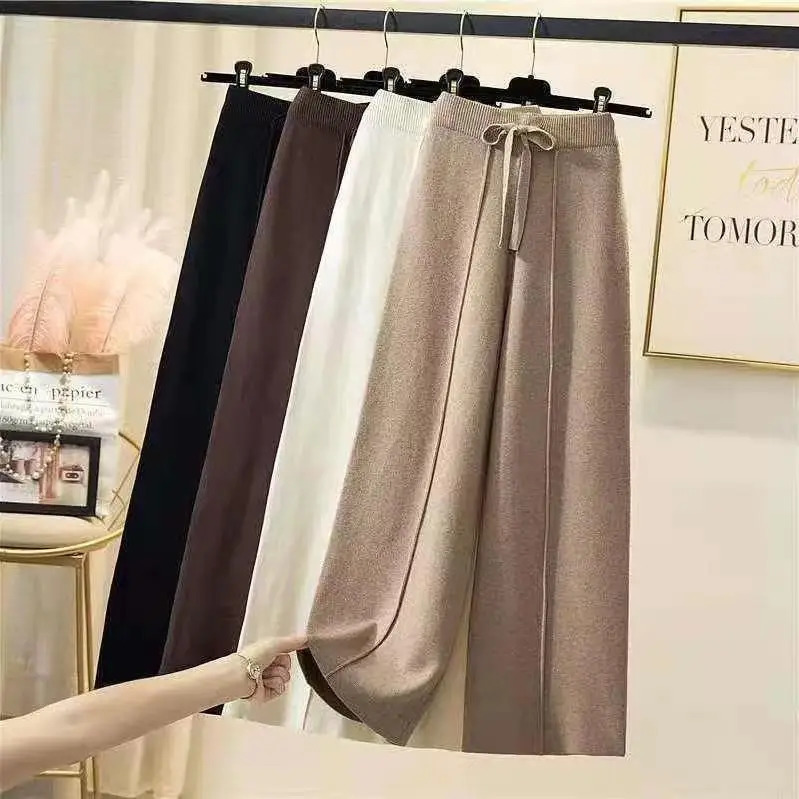 Knitted pants women spring and autumn high waist elastic drape drawstring loose casual mopping pants straight wide leg pants 251022