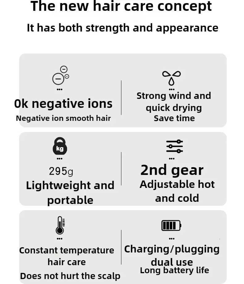 Wireless Portable Hair Dryer 1000W Highpower Household Quickdrying Hair Dryer Charging and Plugging in Dualpurpose Low NoiseXJ251022