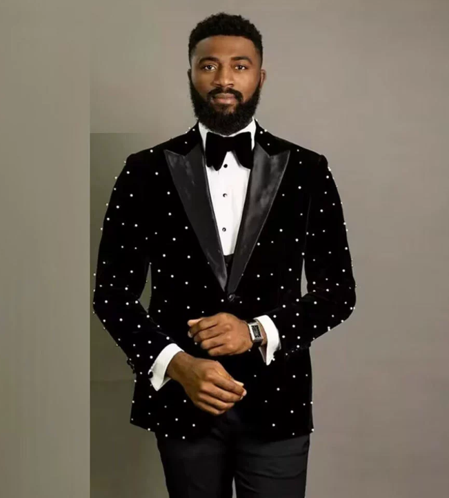 Crystal Beading Black Velvet Men Suits Costume Homme Groom Tuxedos Wedding Terno Masculino Slim Fit 3 Pieces Party Blazer 250326