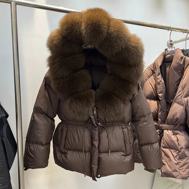 Winter Short Natural Big Fur Collar Down Jacket Women White Duck Hooded Parker Outwears Female Drawstring Warm Thick 251017