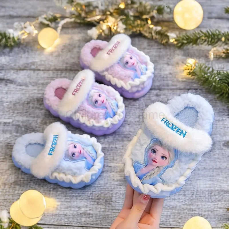 Disney Princess Elsa Winter Childrens Cotton Home Slippers Frozen Girls Snow Non Slip Warm Baby Slippers Pink Blue Size 2436 H251022