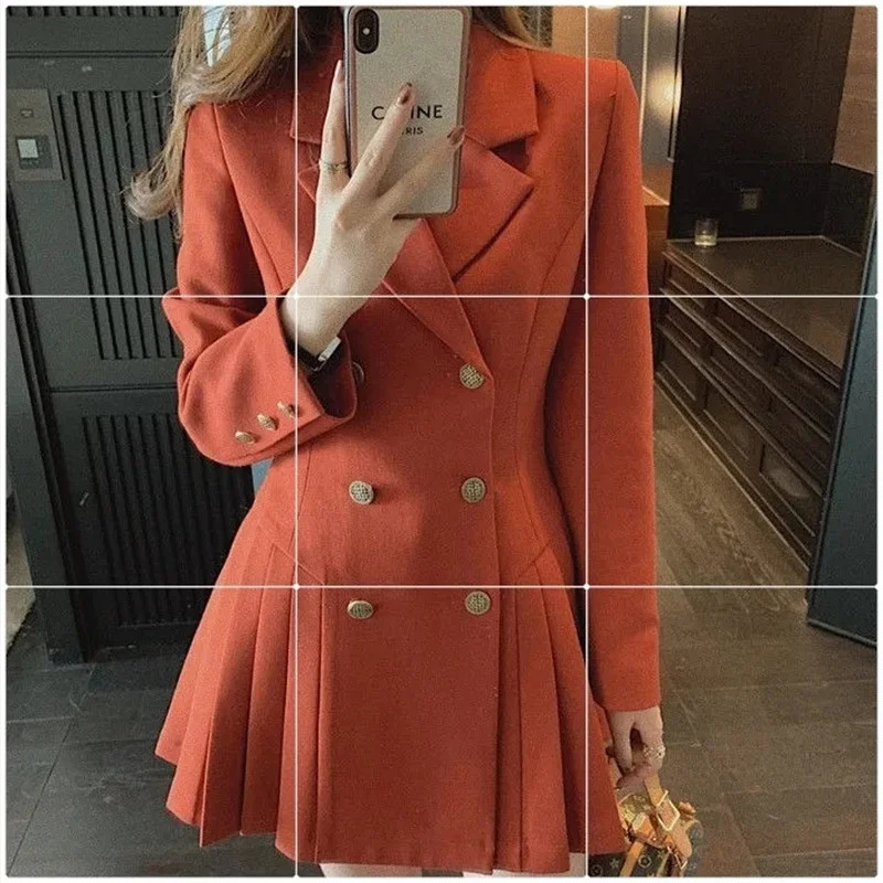 4XL Womens Fat mm Hepburn Double breasted Blazer Suit Dress Autumn and Winter Waist Shrinking Long Sleeve Pleated Dress Orange 251020