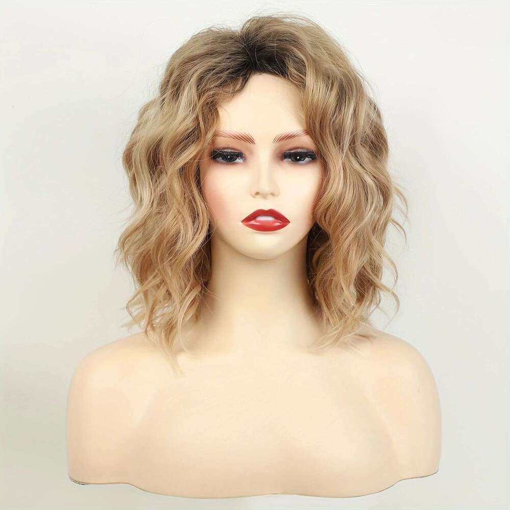 TEMU Xiyin Hot-Selling Women's Short Curly Hair Top Dyed Gradient Gold Wig Side Part Synthetic Hairpiece