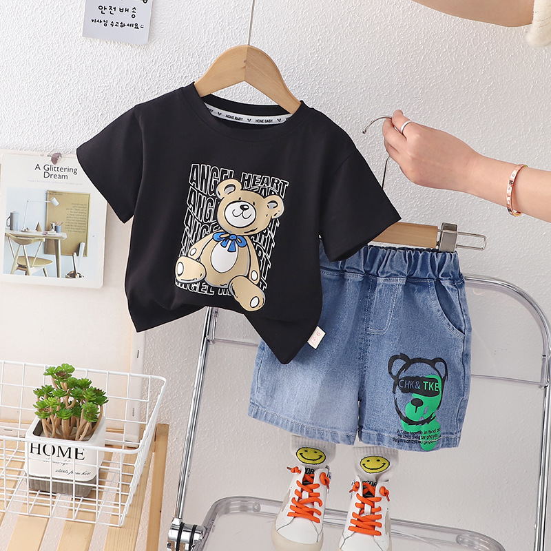 2025 New Boys Bear Print Set, Summer Short Sleeve 2-Piece Outfit, Cute Casual Wear for Toddler