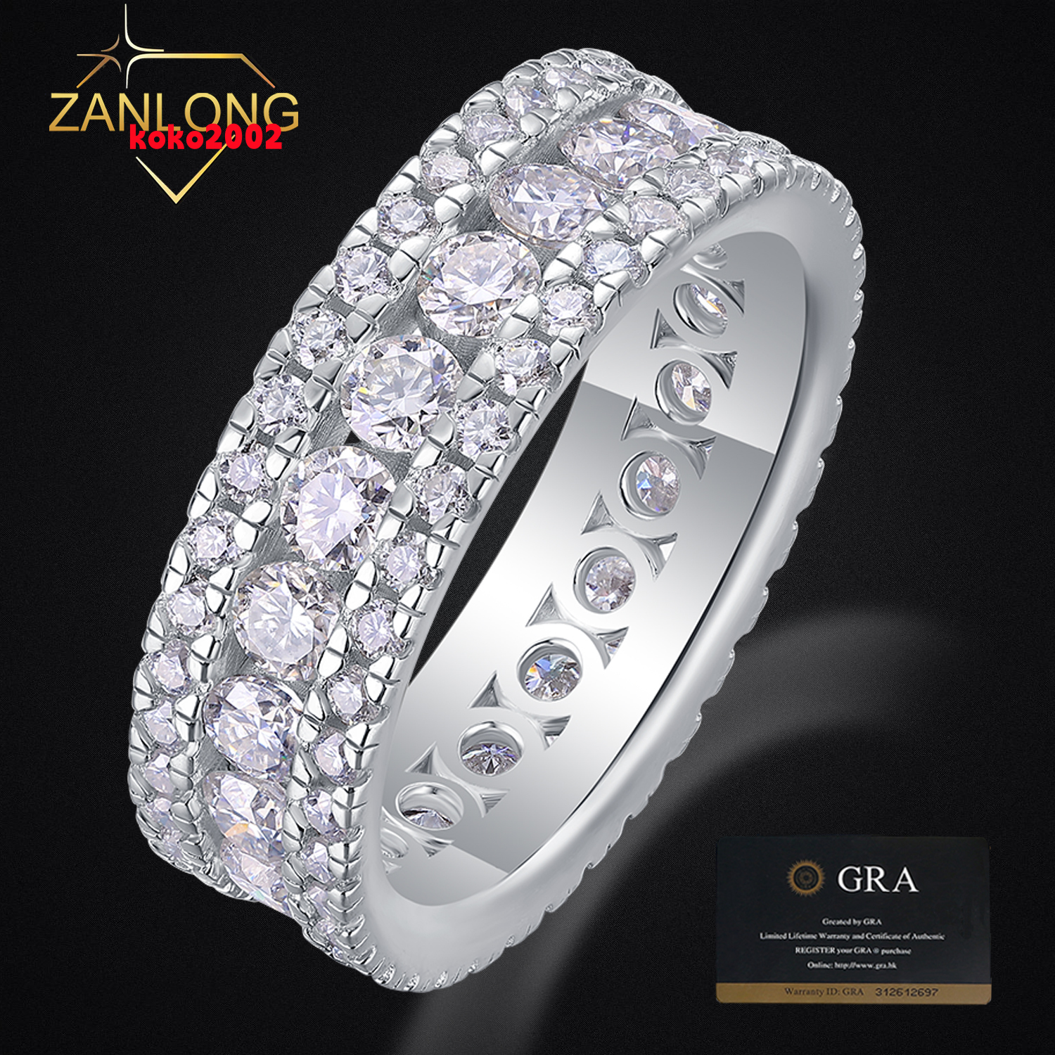 Zanlong 13768 925 Sterling Silver Moissanite Fine Jewelry Ring 3 Rows Eternity Wedding Band for Men Women with GRA Certificate