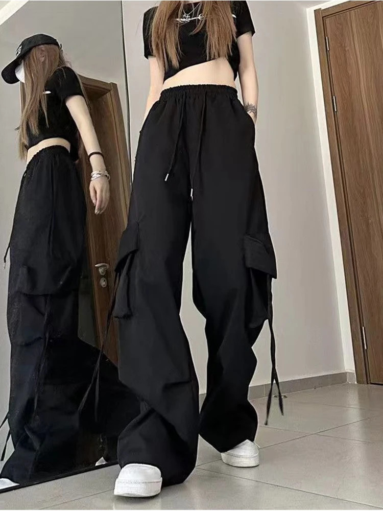 Y2K Women Cargo Pants Drawstring Vintage Solid Color Baggy Straight Trousers Streetwear Casual Wide Leg High Waist Sweatpants 251022