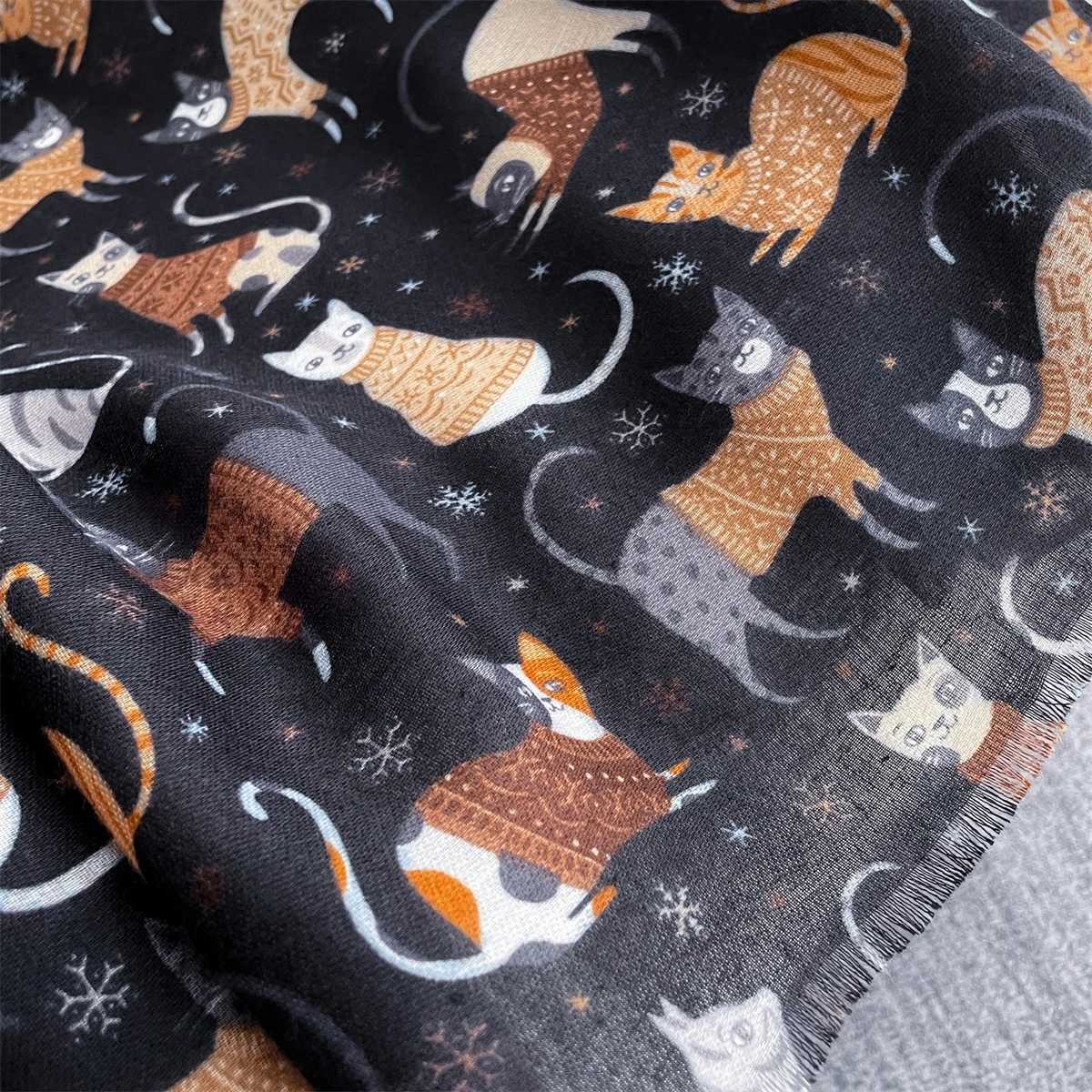 88180cm Cute Cat Print Women Viscose Scarf Cotton Linen Feeling Ventilate Luxury Soft Girl Shawl Tassel Muslim Hijab J251118