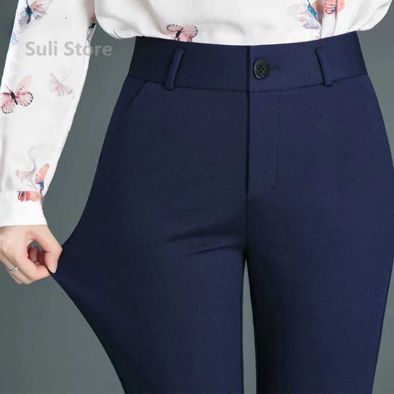 Spring Autumn Casual Button Elastic Mid Waist BlackNavy Blue Straight Trousers Office Lady Quick Drying Suit Pants FemaleT251022