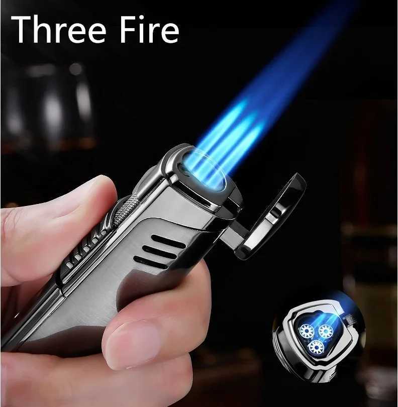 New Lighter three Fire Jet Gas Cigar Lighter Turbo Windproof Powerful Spray Gun Kitchen Pipe Flint LighterWithout Gas C251022