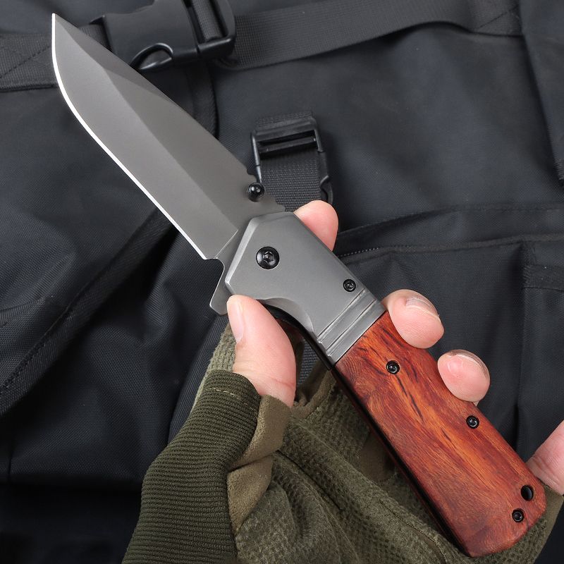 Top Quality A228 Flipper Folding Knife 3Cr13Mov Titanium Coating Drop Point Blade Wood with Steel Handle Outdoor EDC Pocket Knives